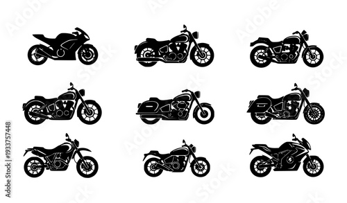 Modern Monochrome Motorcycle Silhouette Icon Set for Transport and Automotive Design