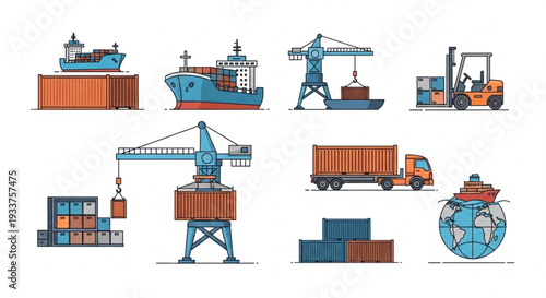 Cargo Ships Cranes Trucks and Forklifts in a Shipping Port.