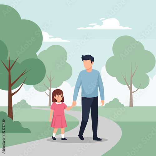 Father and daughter walking together in a park.