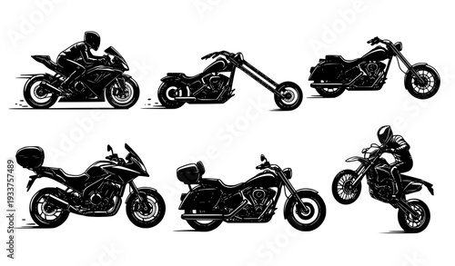 Dynamic Black and White Motorcycle Icon Vector Collection for Automotive Graphics