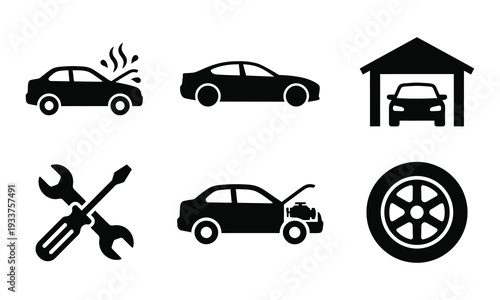 Car Repair and Maintenance Icons: Damaged Car, Sedan, Garage, Tools, Engine, Wheel - Vector Illustration