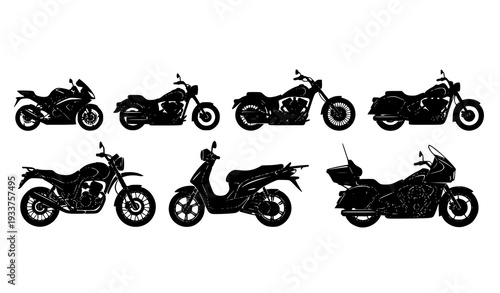 Minimalist Black and White Motorcycle Icon Collection for Automotive Graphics