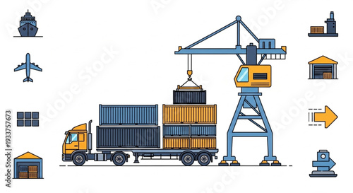 Cargo truck loading containers at port with crane.