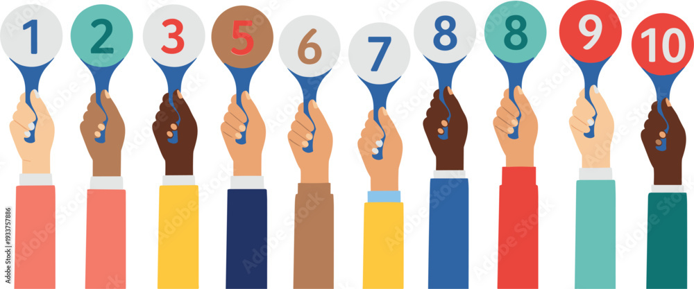 Fototapeta premium Hands Holding Score Cards with Numbers, Diverse People Displaying Ratings for Feedback and Evaluation