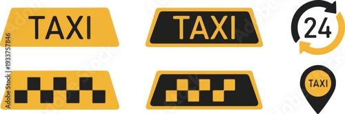 Collection of modern taxi signs and logos for 24/7 service
