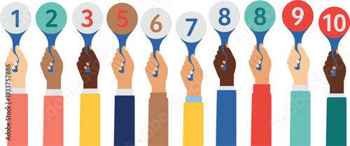 Hands Holding Score Cards with Numbers, Diverse People Displaying Ratings for Feedback and Evaluation"