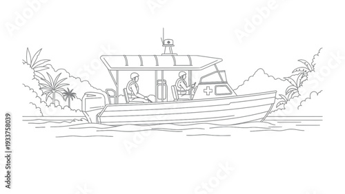 Coastal Cruise: A detailed line art illustration of a boat, navigating tranquil waters under a sunny sky. The image focuses on the harmony of nature and travel.