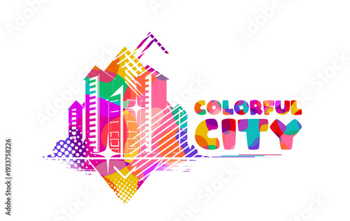 Colorful logo modern city skyline with skyscrapers in flat vector style on white background. Hand drawn Not AI, vector illustration.