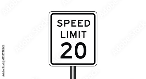 Black and white speed limit twenty miles per hour road traffic sign isolated on a plain white background for road safety.