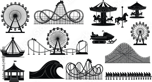 Amusement park rides vector collection with ferris wheel, roller coaster, carousel, and theme park attractions silhouettes isolated on white background