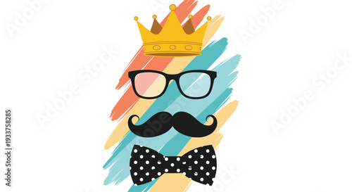 Minimalist illustration of a crown, black rimmed glasses, a mustache, and a polka dot bowtie over colorful abstract paint strokes.