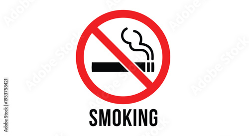Clean minimalist no smoking icon with a cigarette in a red prohibition circle and the word smoking written underneath in black.