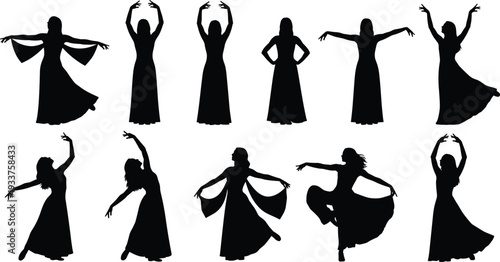 Collection of dancer silhouettes in expressive poses, wearing long flowing dresses, including standing, raised arms, and dynamic mid‑motion stances, 