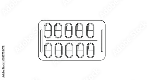 Black outline icon of a medical blister pack containing ten capsules for pharmacy, medicine, healthcare, and pharmaceutical industry.