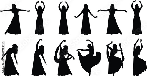 Collection of dancer silhouettes in expressive poses, wearing long dresses, including upright, symmetrical, and dynamic movements, arranged on white background for design, 