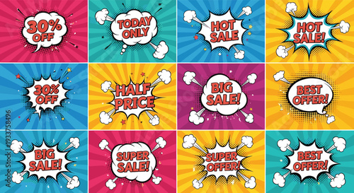 Large collection of twelve different sales and promotional banners in various colors and styles using comic book pop art elements.