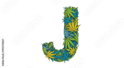 Capital letter J intricately formed by a dense cluster of various green, blue, and yellow cannabis leaves on a white background.