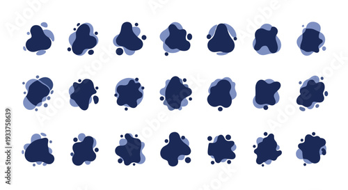 Large set of twenty one various organic liquid blob shapes and ink blots in different shades of blue on a clean white background.