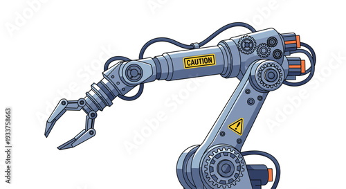 Detailed industrial robotic arm with wires, gears, a caution label, and a gripper claw on a plain white background for tech concepts.