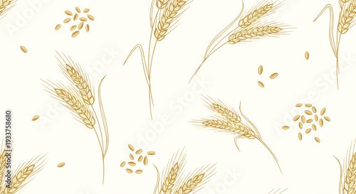 Elegant hand drawn seamless pattern of golden wheat ears and grains on a light cream background for organic food packaging.