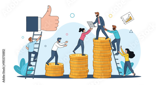 Small business team climbing stacks of golden coins next to a giant thumbs up icon symbolizing success and achievement.