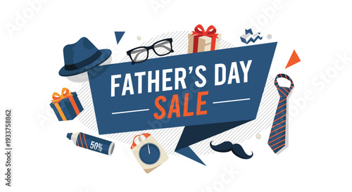 Fathers Day sale banner featuring a blue hat silk tie glasses and wrapped gift boxes with geometric abstract elements.