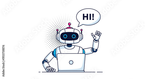 Friendly white robot mascot sitting at a laptop and waving while saying hi in a speech bubble on a white background.