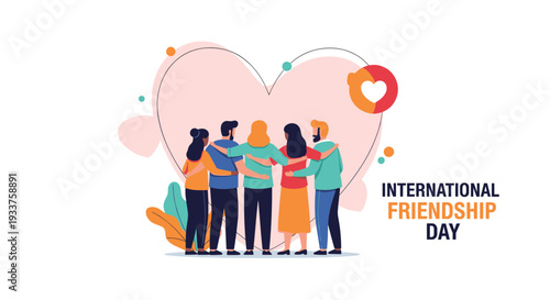 Group of diverse friends hugging in front of a giant heart symbol to celebrate International Friendship Day together.