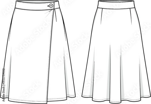 Women's A-Line Wrap Front Midi Skirt Technical Flat Fashion Sketch with Button Closure and Waistband, Cad Drawing Flat Vector Illustration