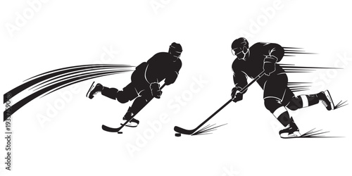 Set Hockey players playing game on ice with stick and puck eps 10