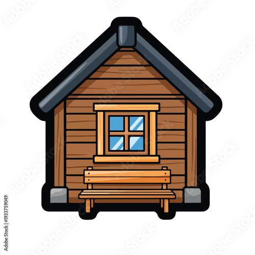 A cartoon illustration of a wooden cabin with a bench in front, viewed from the front, showcasing a cozy scene in a serene environment.