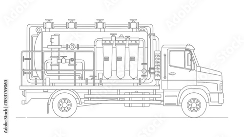 Water Treatment Truck: A detailed illustration showcases a specialized truck, equipped with intricate filtration systems, designed for efficient water treatment and purification processes.