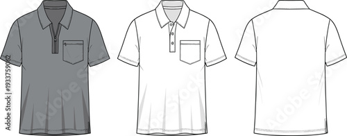 Men's Short Sleeve Polo Shirt Technical Flat Fashion Sketch with Front Placket and Chest Pocket, Cad Drawing Flat Vector Illustration