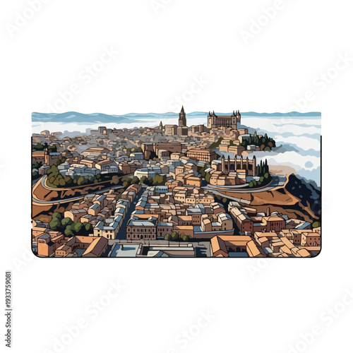 Aerial view of a medieval city with terracotta rooftops, castle, and cloudy landscape, captured from a high vantage point, showcasing architecture, buildings, cityscape, illustration, and clouds
