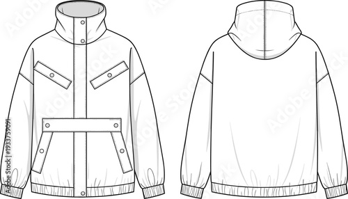 Women's Technical Windbreaker Jacket Flat Fashion Sketch with High Neck and Hood, Utility Parka Vector Illustration, Cad Drawing Flat Vector Illustration