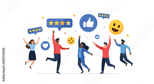 Group of happy diverse people jumping with joy surrounded by social media symbols like stars thumbs up and hearts.