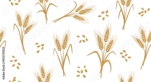 Seamless pattern of golden ripe wheat stalks and scattered grains on a white background for agricultural themes.
