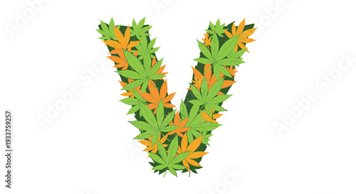 Large letter V composed of numerous green and orange cannabis leaves for medical or recreational marijuana design.