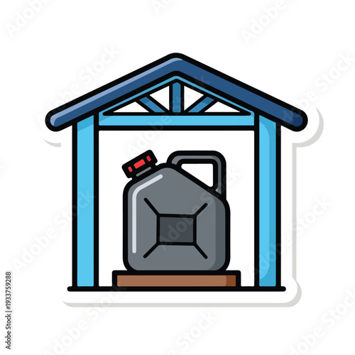 Gas can stored in a simple blue shed with a gable roof, pektor3415.eps style illustration of storage