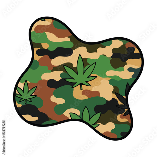 Camo pattern with marijuana leaves on abstract shape illustration from a direct viewpoint