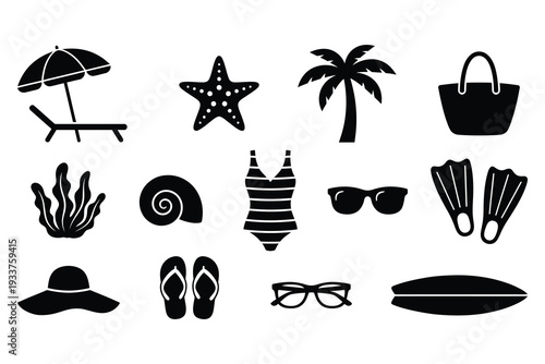 Summer Beach Vacation Icons: Beach Chair, Starfish, Palm Tree, Swimsuit, Sunglasses, Surfboard - Vector Illustration