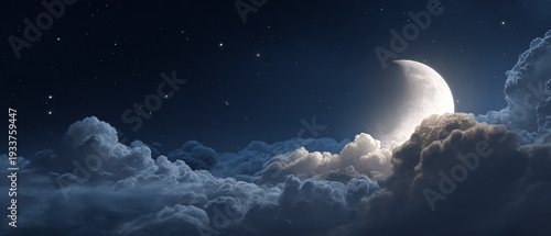 A serene night sky with a crescent moon peeking through a sea of clouds
