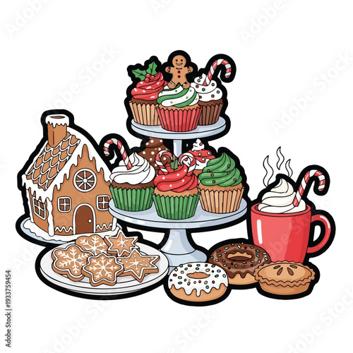 Festive Christmas treats displayed on a tiered cake stand with cupcakes, cookies, and hot chocolate, pektor3426.eps illustration