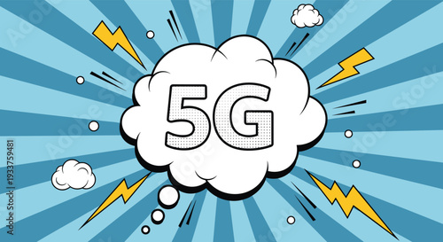 5G technology internet connection speed concept in comic book pop art style with lightning and clouds on blue sunburst.