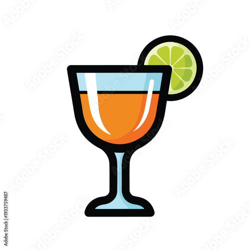 Illustration of a cocktail glass filled with orange liquid and garnished with a lime slice, viewed from the side on a clean background.