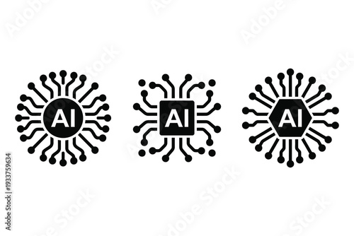 Artificial Intelligence Icons: AI Chip, Circuit Board, Network Nodes - Vector Illustration