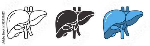 Human liver icon in editable stroke outline version and solid filled vector versions. Representing anatomy, hepatology, and digestive system health.