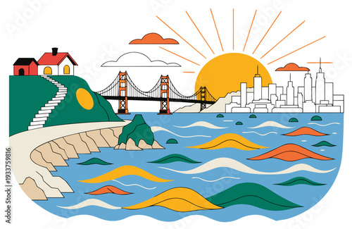 A vibrant vector illustration of the San Francisco cityscape with Golden Gate Bridge at sunset