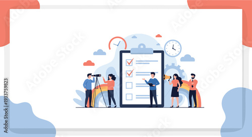 Business team working together to complete tasks on a large clipboard for project management and productivity.