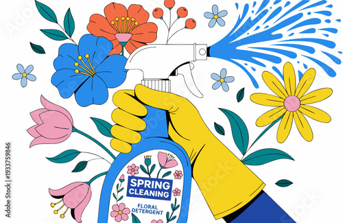 A colorful illustration of a hand in a yellow glove holding a blue spray bottle with flowers and leaves around it.
